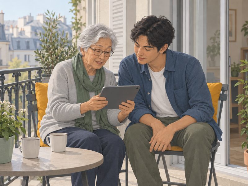 Illustration : sur son balcon, une dame âgée montre quelque chose à son petit-fils sur sa tablette.