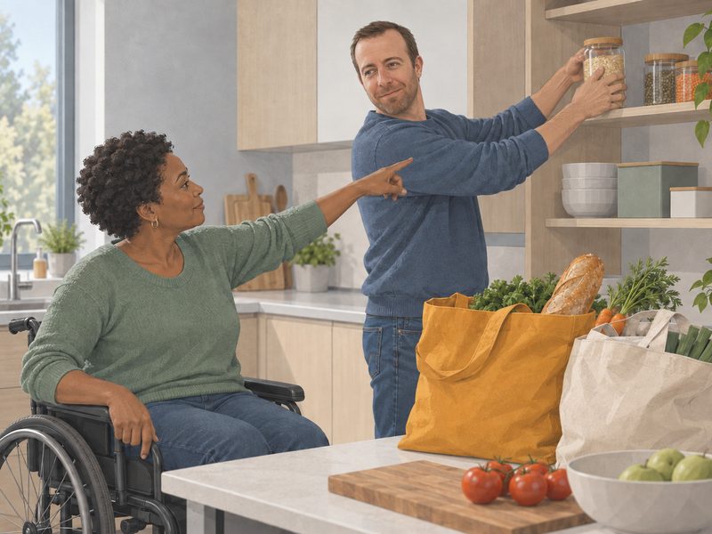 Illustration : dans sa cuisine, une femme en fauteuil roulant indique à un intervenant où ranger ses courses.