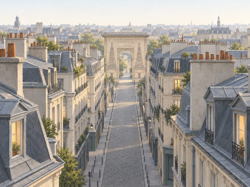 Illustration : la rue Saint-Denis vue des toits au petit matin, avec la porte Saint-Denis au fond.