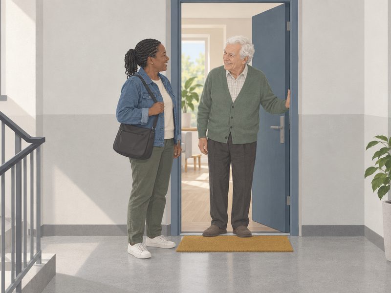 Illustration : sur le pas de sa porte, un homme âgé accueille une assistante de vie.