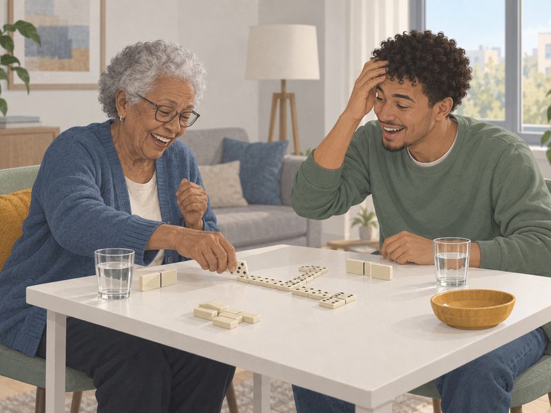 Illustration : un jeune intervenant et une dame âgée rient autour d'une partie de dominos.